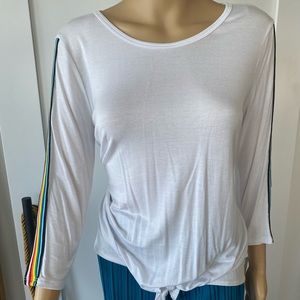 Women’s white pull over shirt. Sz L - color strips on sleeves. Ties at bottom